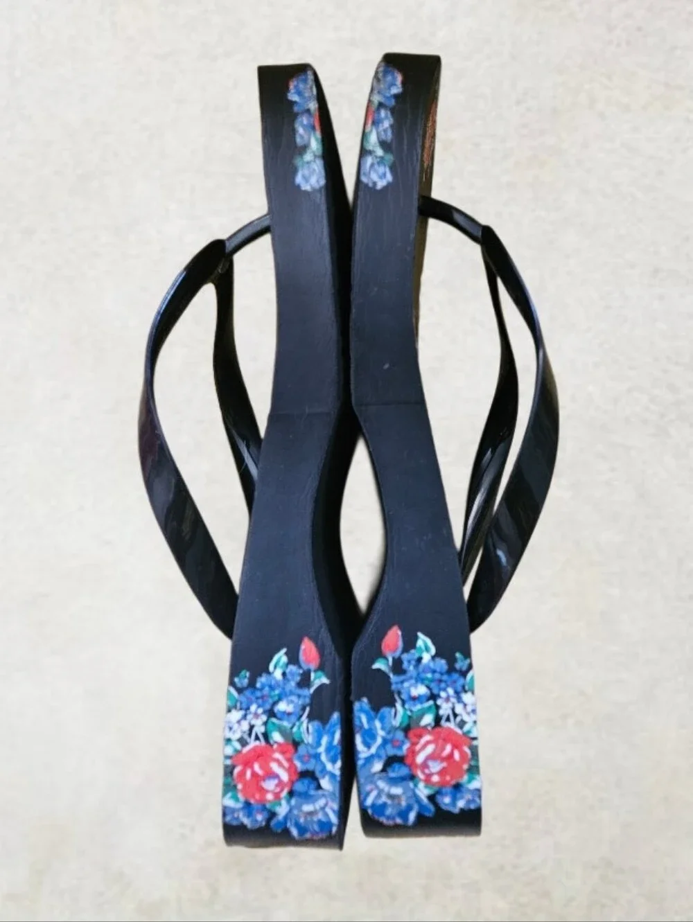 Tory Burch Women’s  Black Floral Leather Thong Wedge Platform Logo Size 9